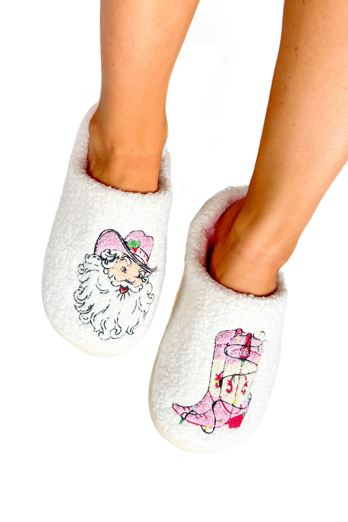 Pink and white Santa cowboy slippers