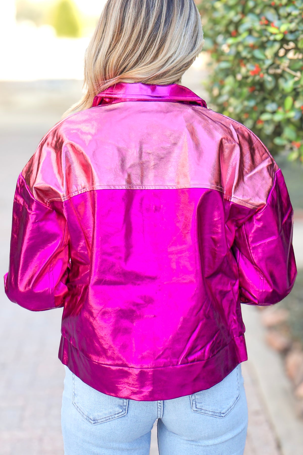 Sending Love Metallic Front Pocket Jacket in Hot Pink-TOP WINTER JACKET