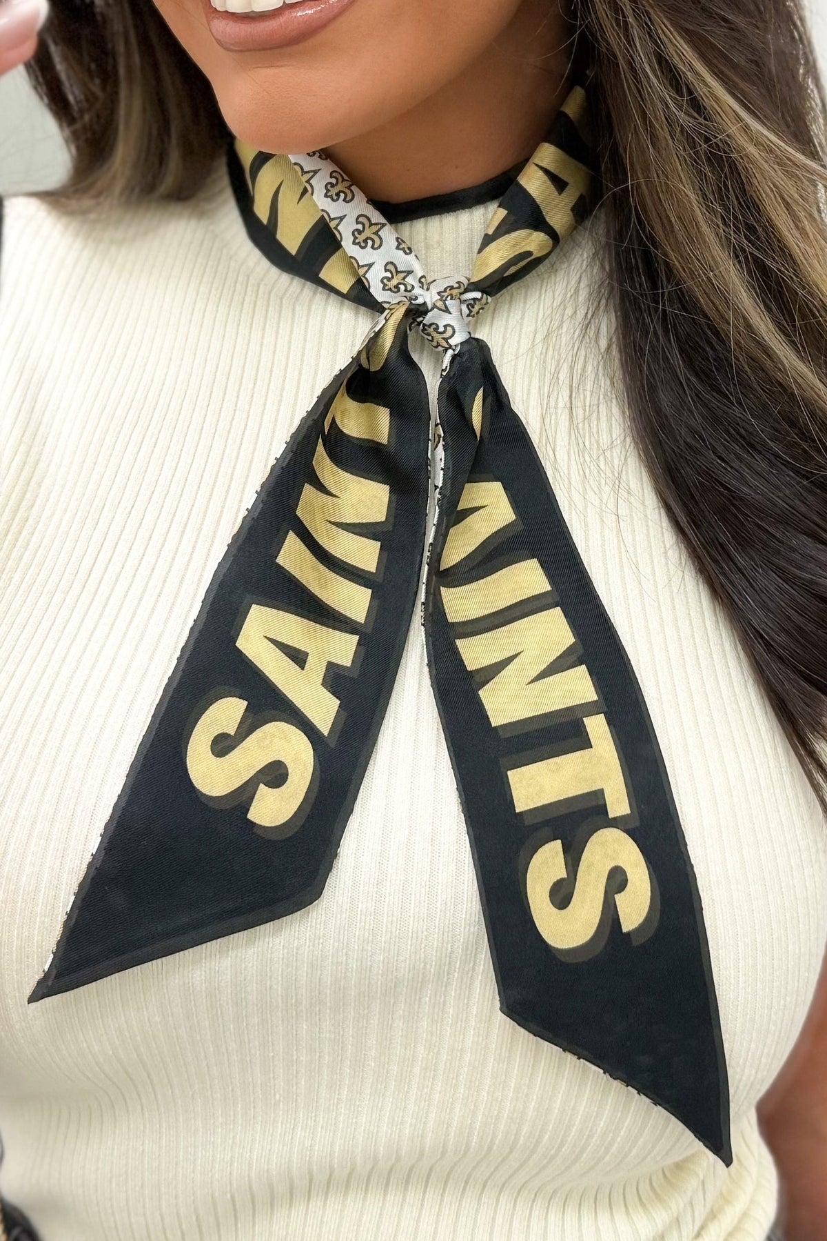 Black and gold New Orleans Saints fleur de lis twilly scarf