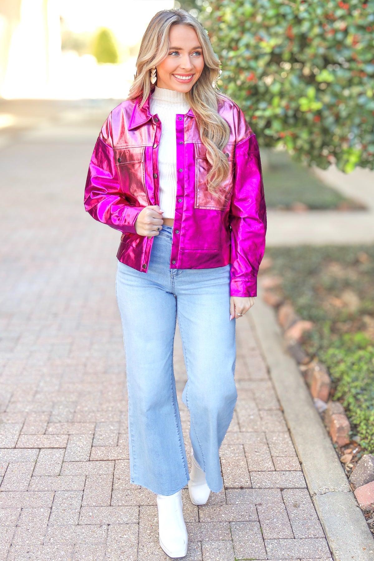 Sending Love Metallic Front Pocket Jacket in Hot Pink-TOP WINTER JACKET