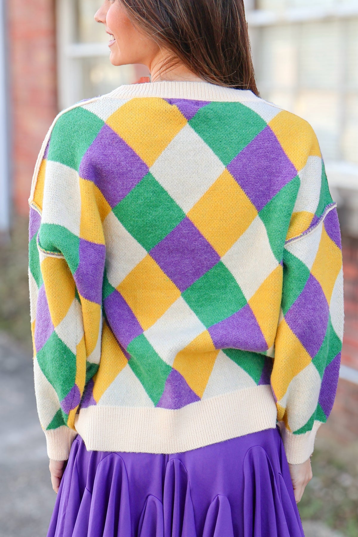 Pardi All Day Diamond Pattern Mardi Gras Sweater-TOP WINTER SWEATER