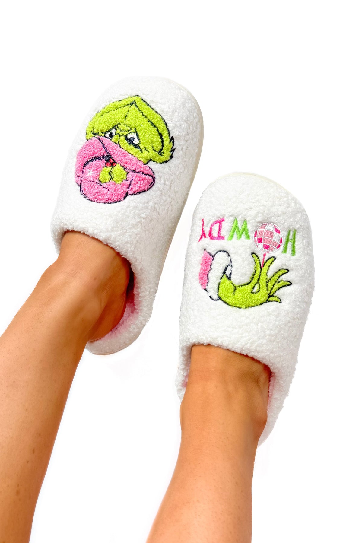 Green and pink Howdy Grinch slippers