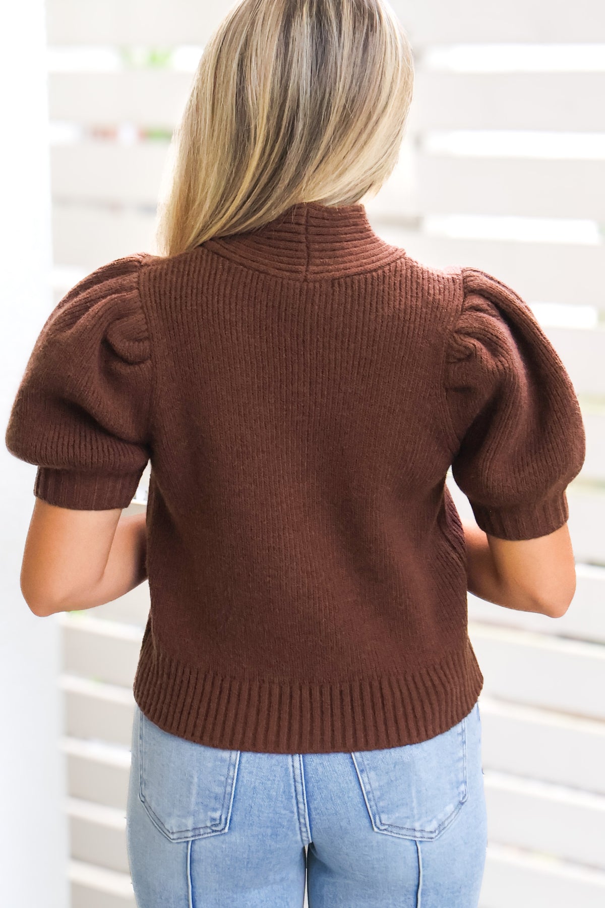 Brown tie neck short sleeve knit top, view 3