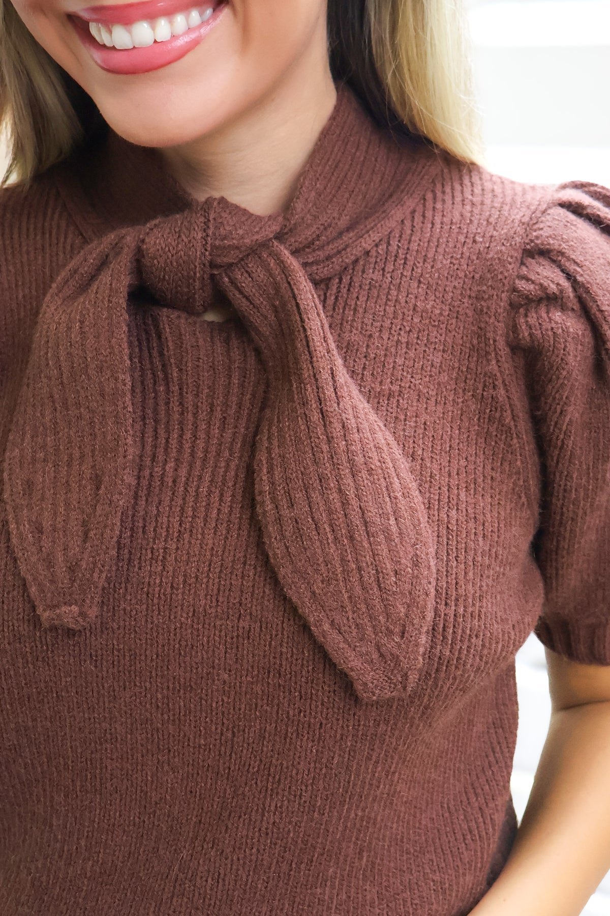 Brown tie neck short sleeve knit top, view 2