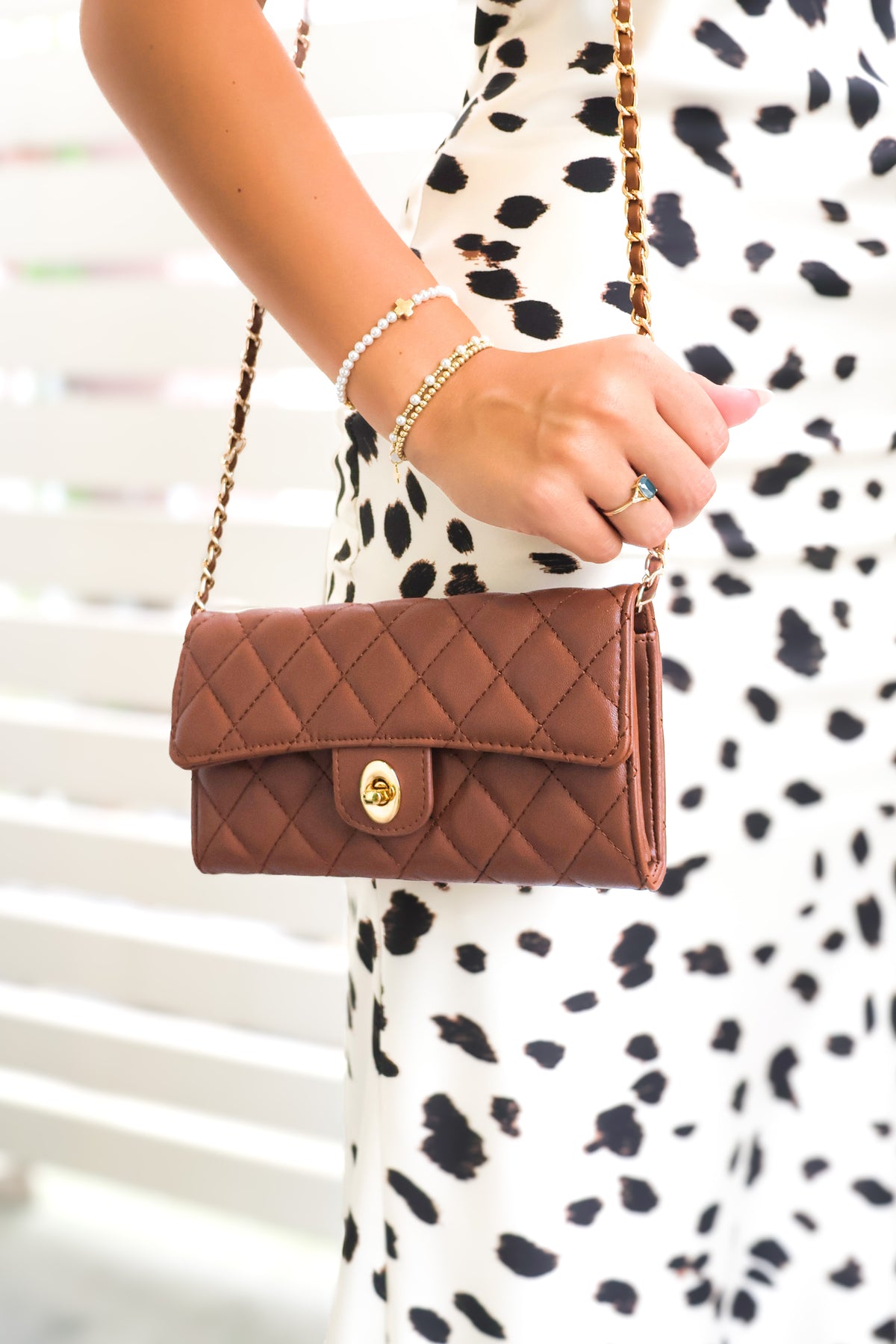 Cognac quilted faux leather mini bag
