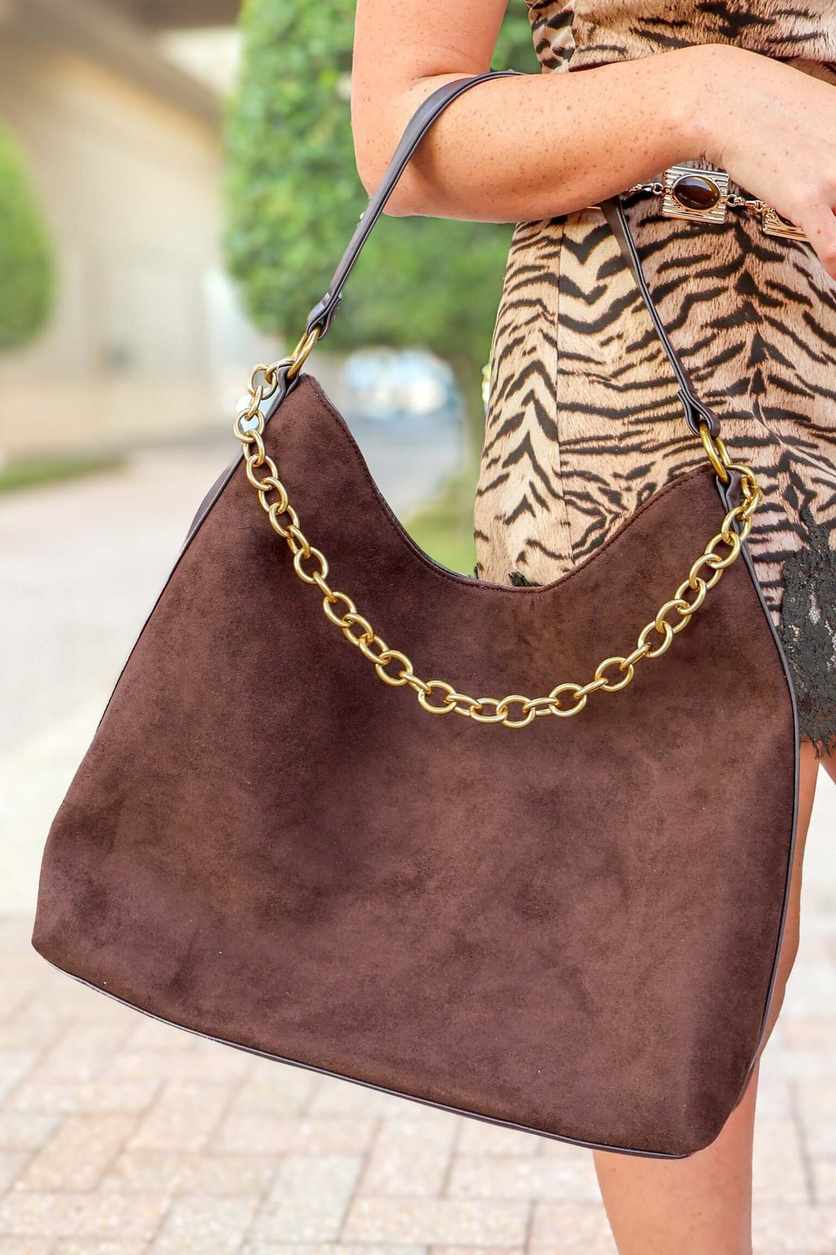Carry on Your Way Chain Detail Suede Shoulder Bag in Chocolate