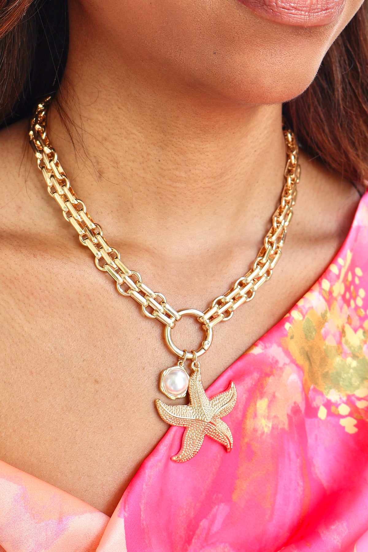 Coastal Sunset Starfish and Pearl Charm Chain Necklace-ACC NECKLACE