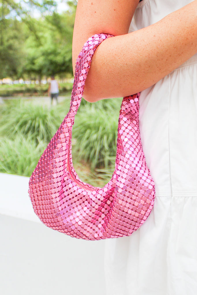 pink mini metallic shoulder bag