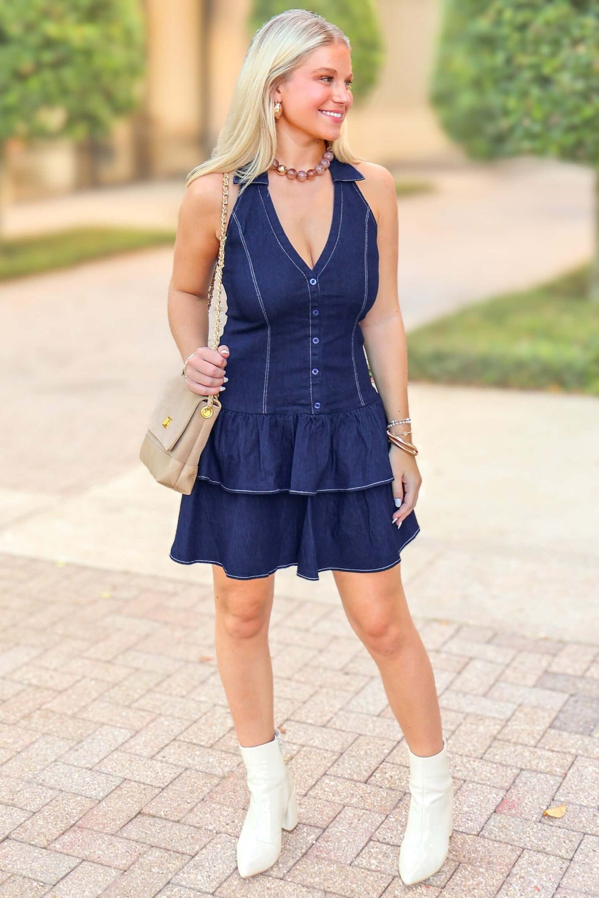In Case You Forgot Denim Halter Neck Tiered Dress in Dark Denim
