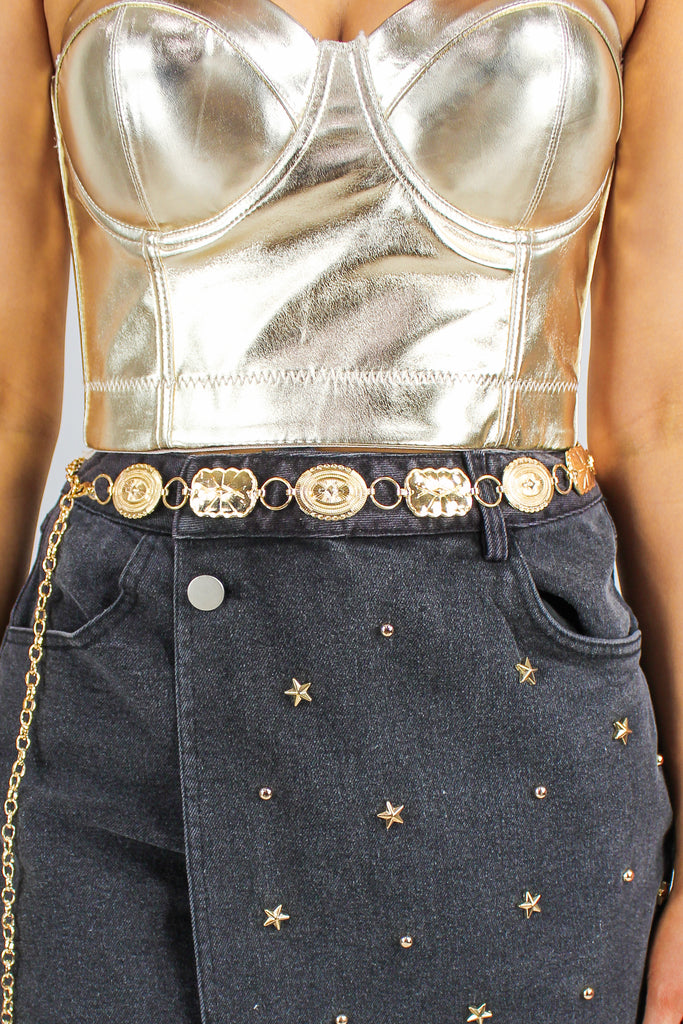 gold metal western concho belt with an adjustable hook clasp on the side