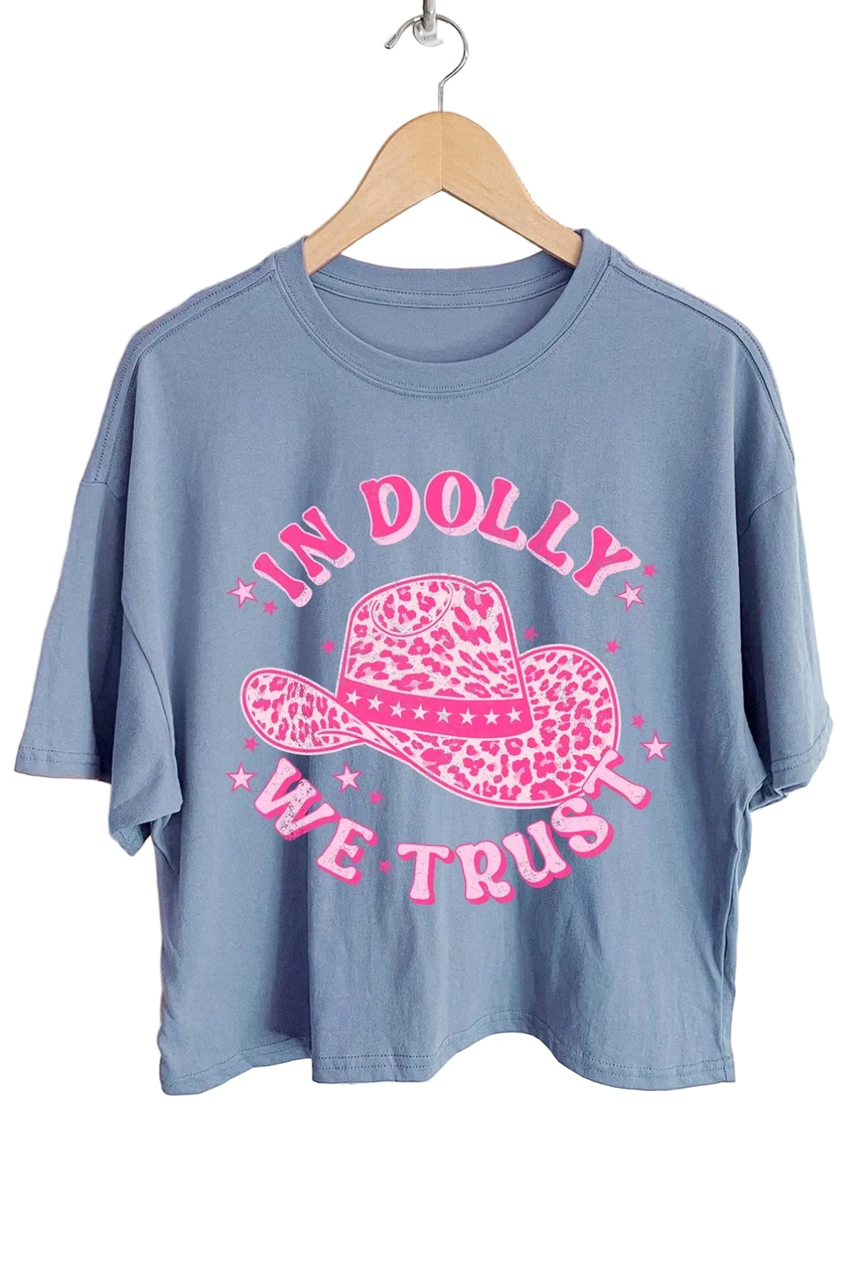 In Dolly We Trust Cowgirl Hat Crop Tee in Slate Blue