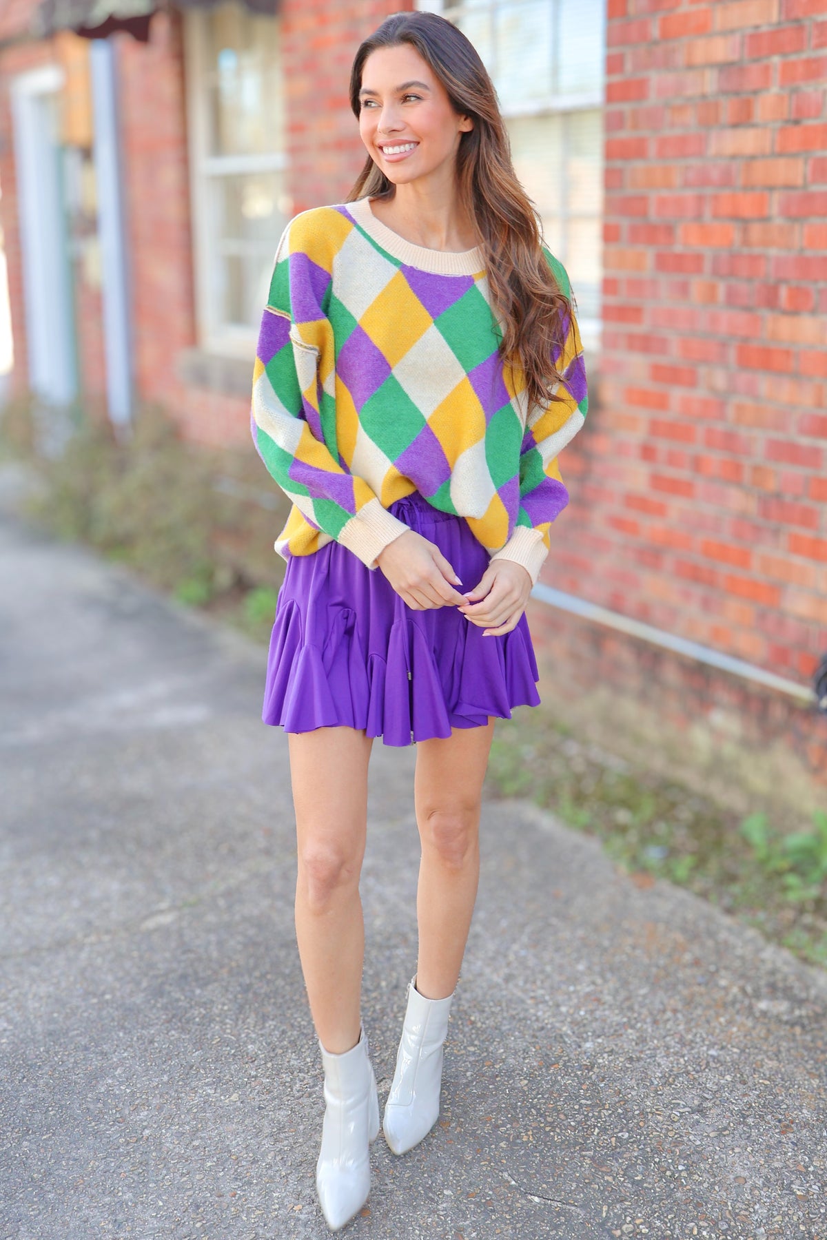 Pardi All Day Diamond Pattern Mardi Gras Sweater-TOP WINTER SWEATER