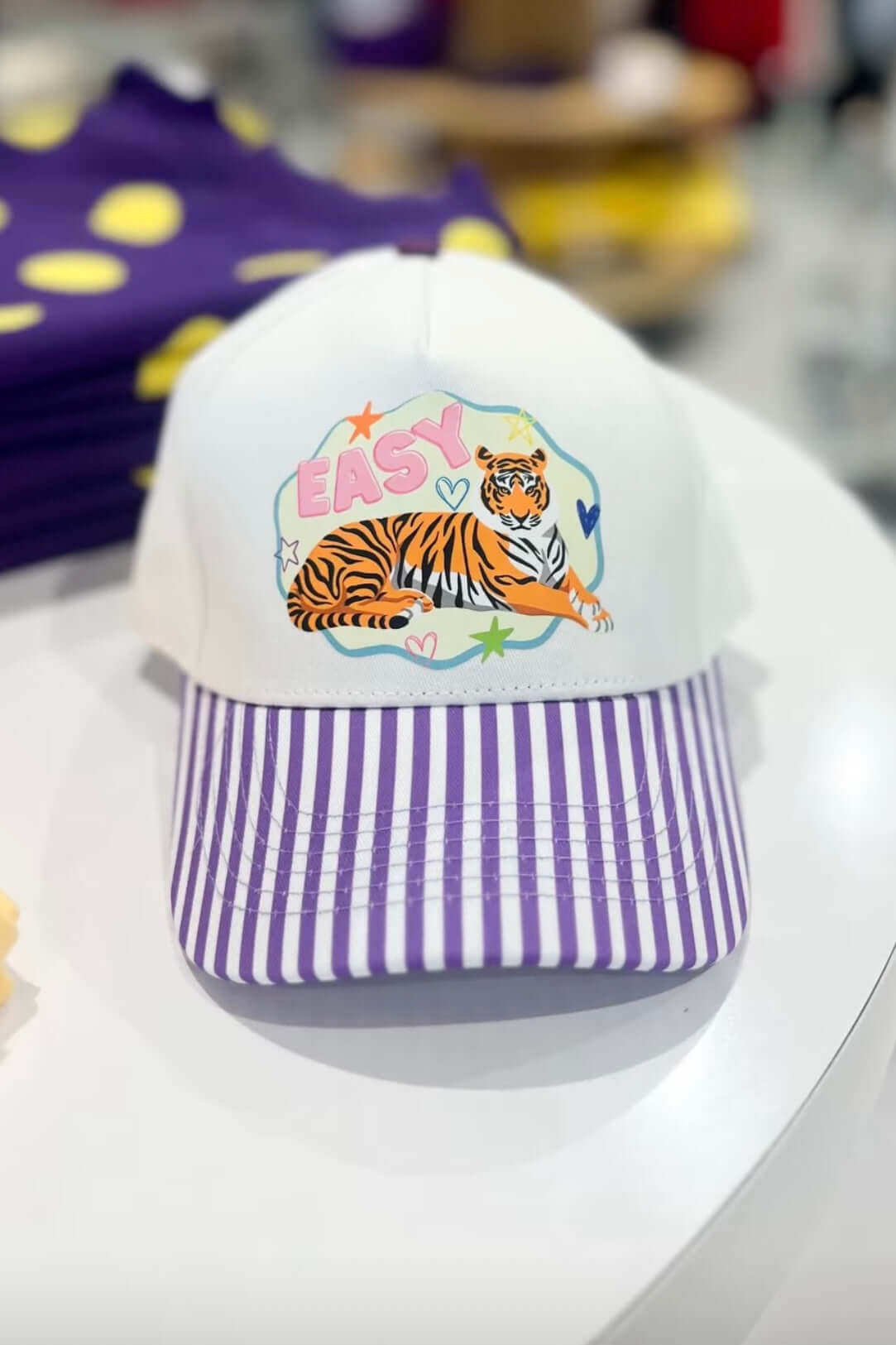 Easy Tiger Whimsical Striped Baseball Cap in White