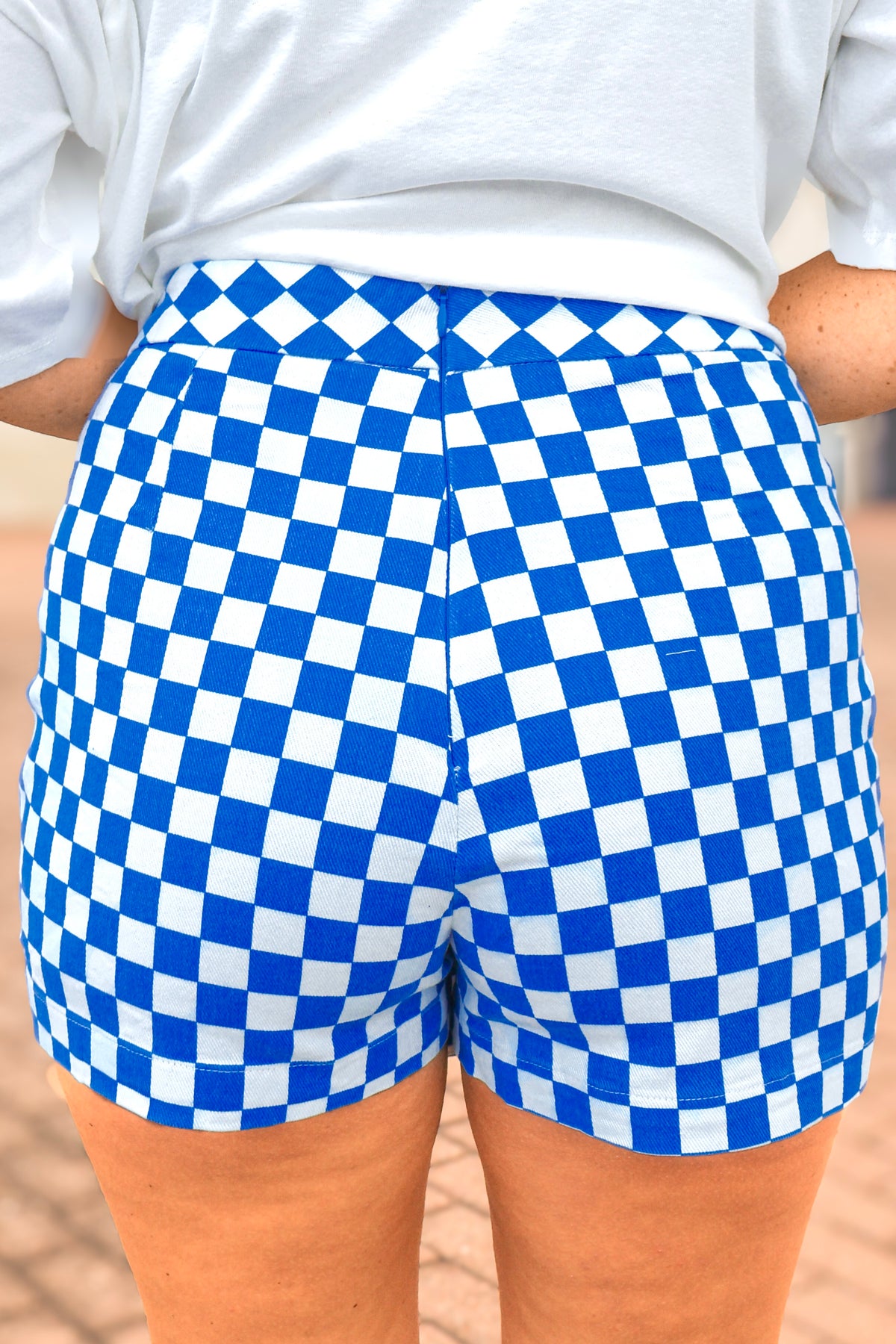 Royal blue checkered mini skort, view 2