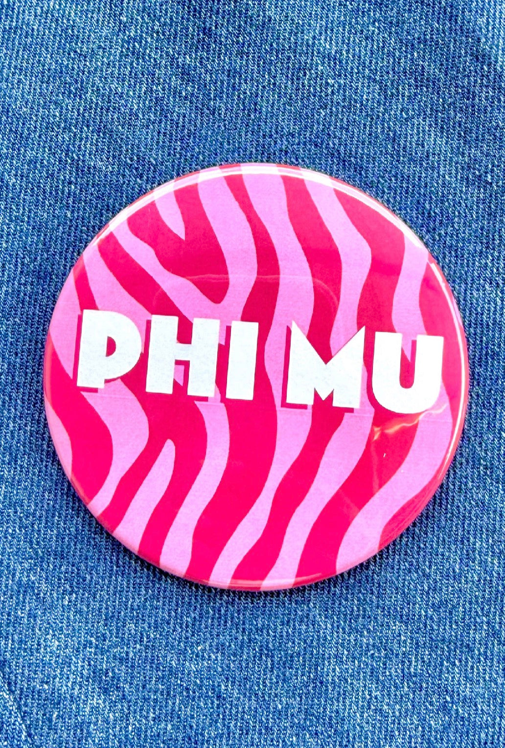 Phi Mu Zebra Greek Gameday Button close-up
