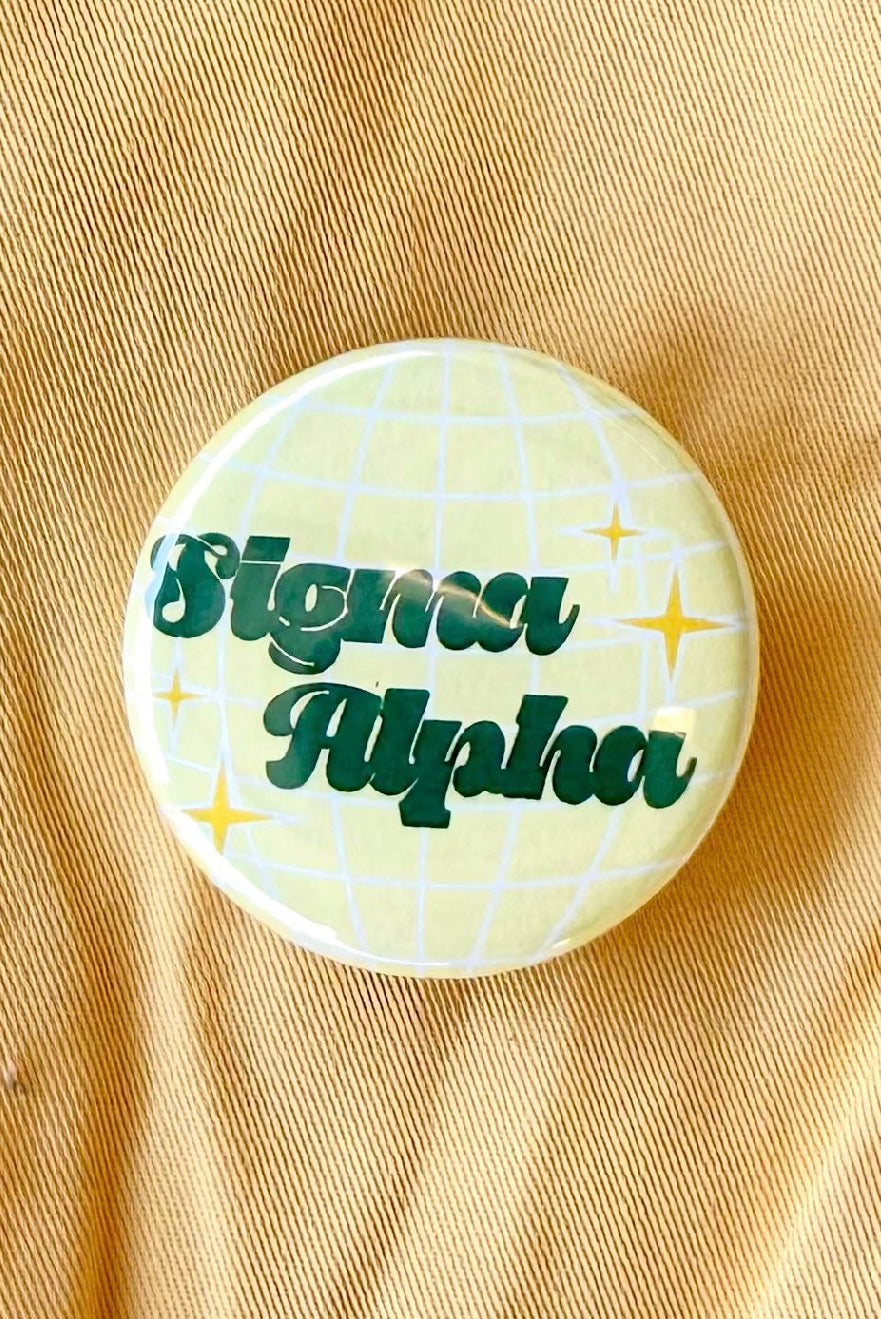 Sigma Alpha Disco Greek 2 inch Mini Gameday Button close-up