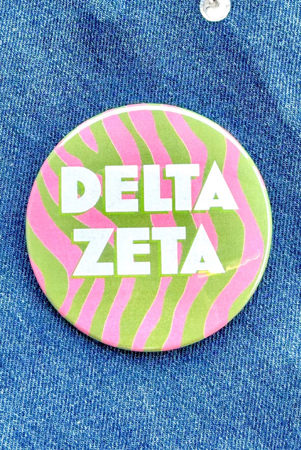Delta Zeta Zebra Greek Gameday Button close-up
