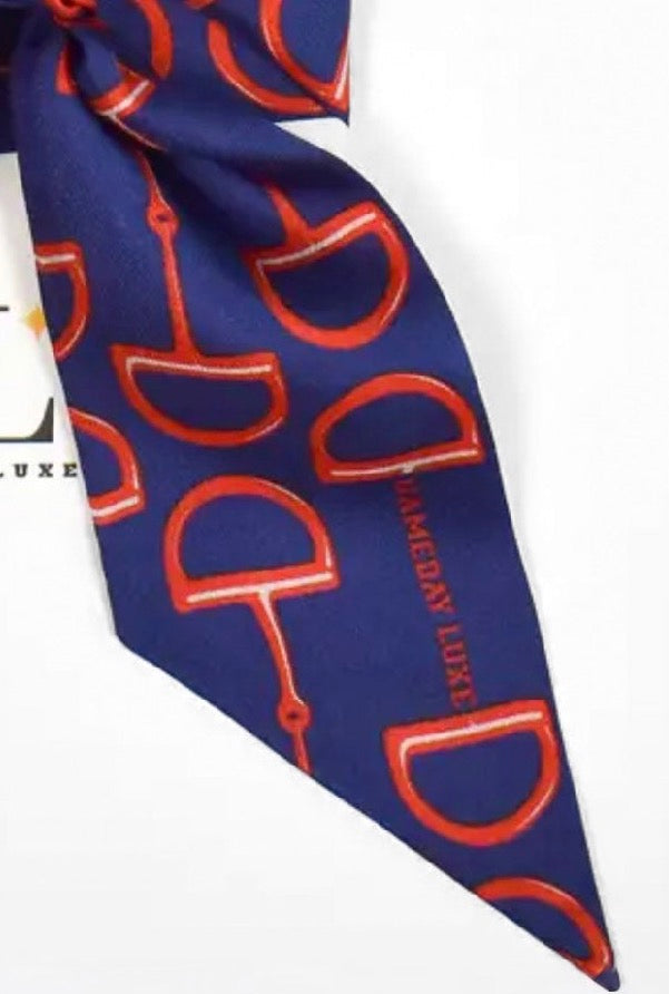 Loud and Clear Horsebit Silk Twilly Scarf in Red and Navy - close-up