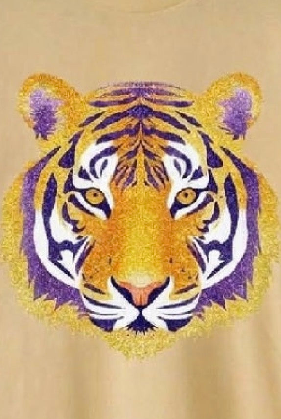 Faux Glitter Tiger Graphic Tee in Yellow - close-up