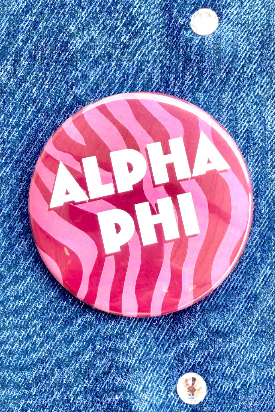 Alpha Phi Zebra Greek Gameday Button close-up