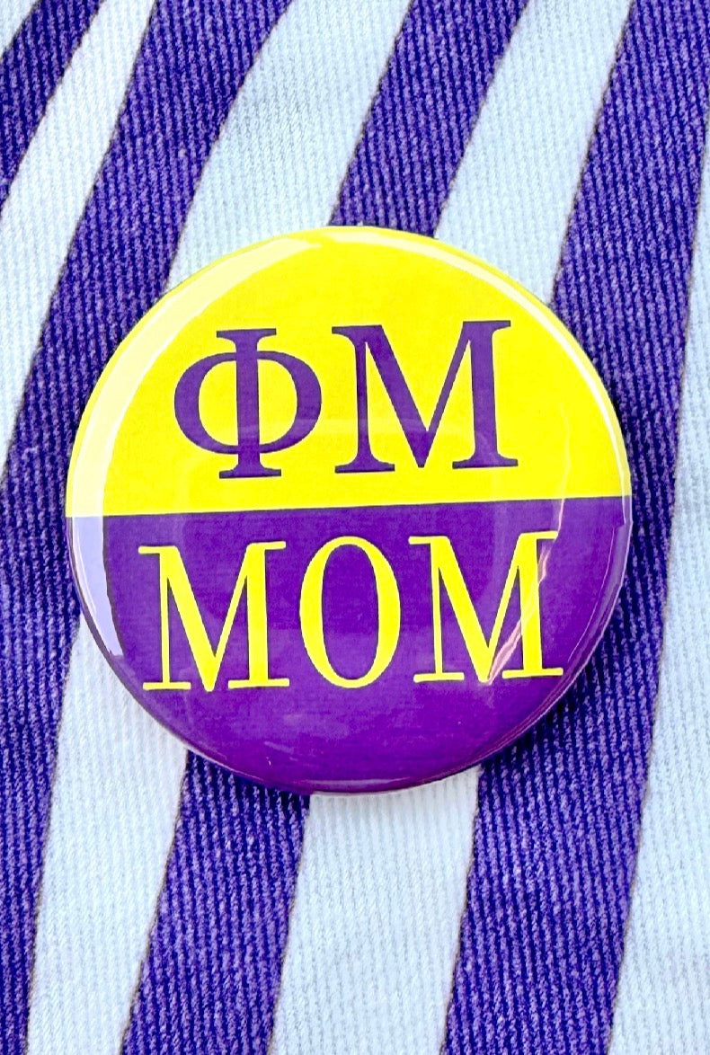 Phi Mu Mom Greek Small Gameday Button close-up