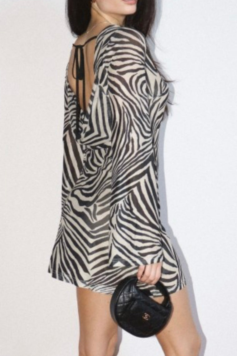 Winning Stripes Animal Print Low Back Mini Dress in Brown and Ivory - alternate view 3