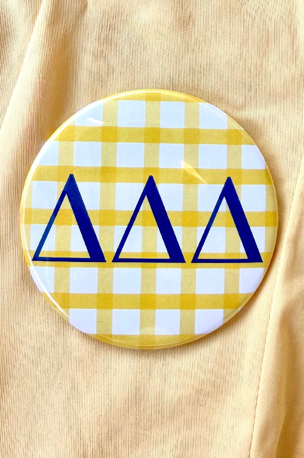 DDD Gingham Greek Gameday Button close-up