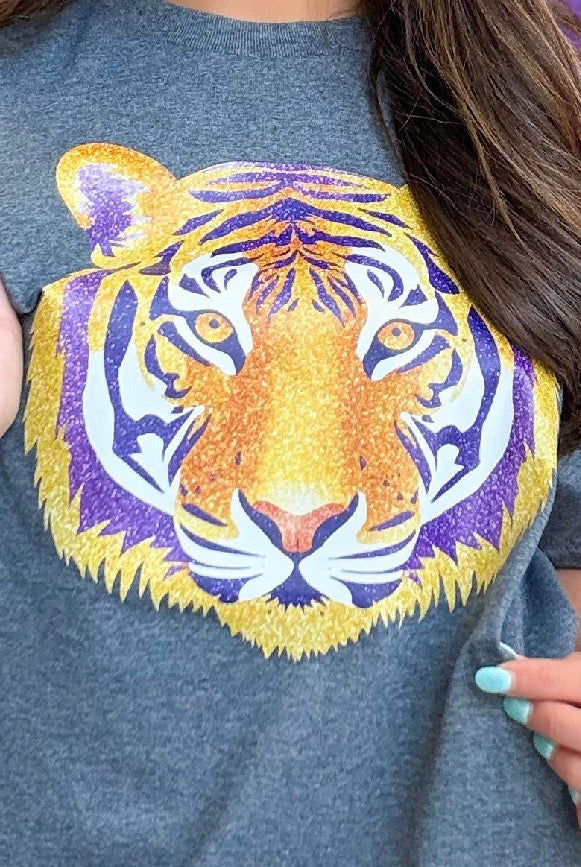 Faux Glitter Tiger Graphic Tee in Charcoal Black - close-up