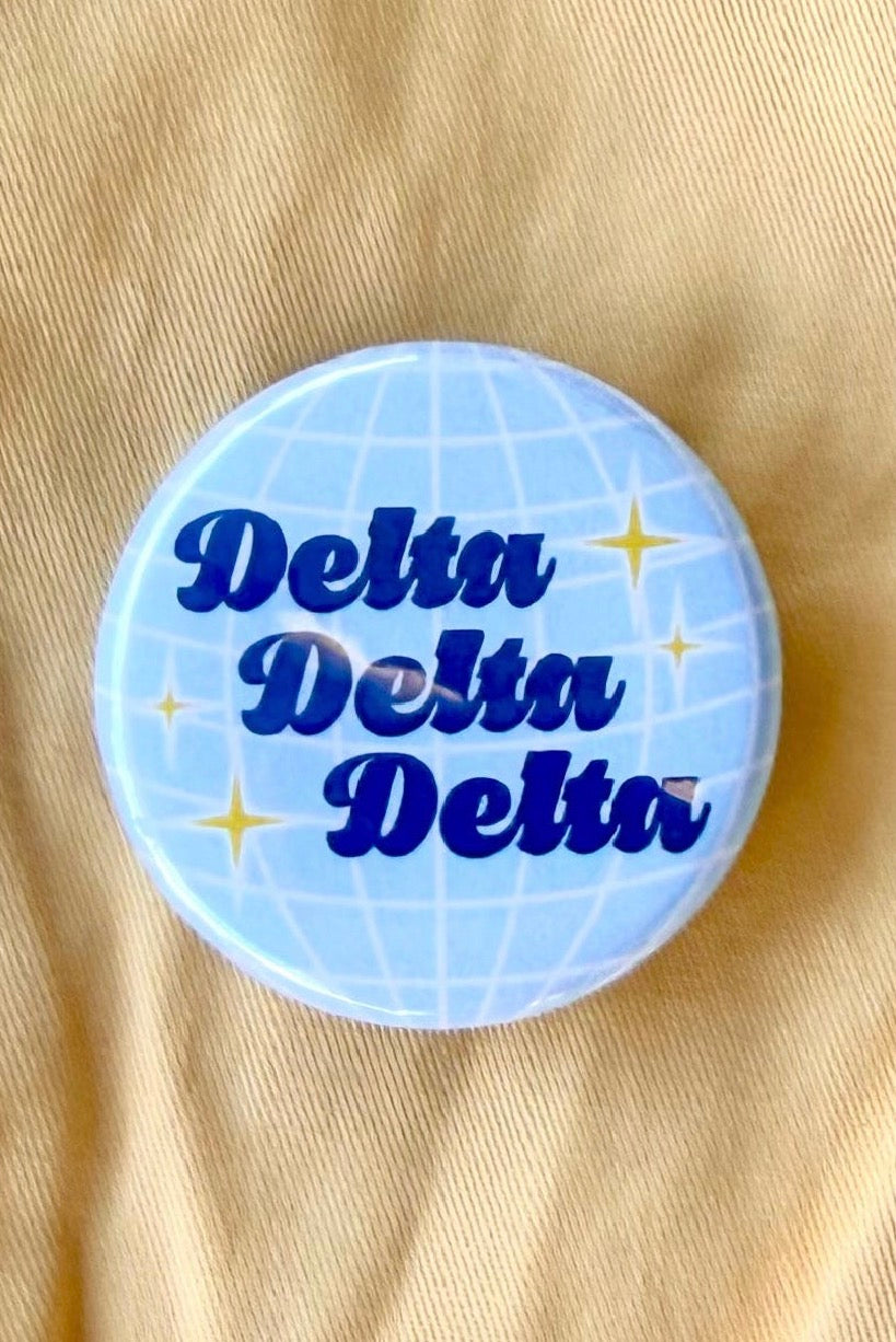 Delta Delta Delta Disco Greek Mini Gameday Button close-up