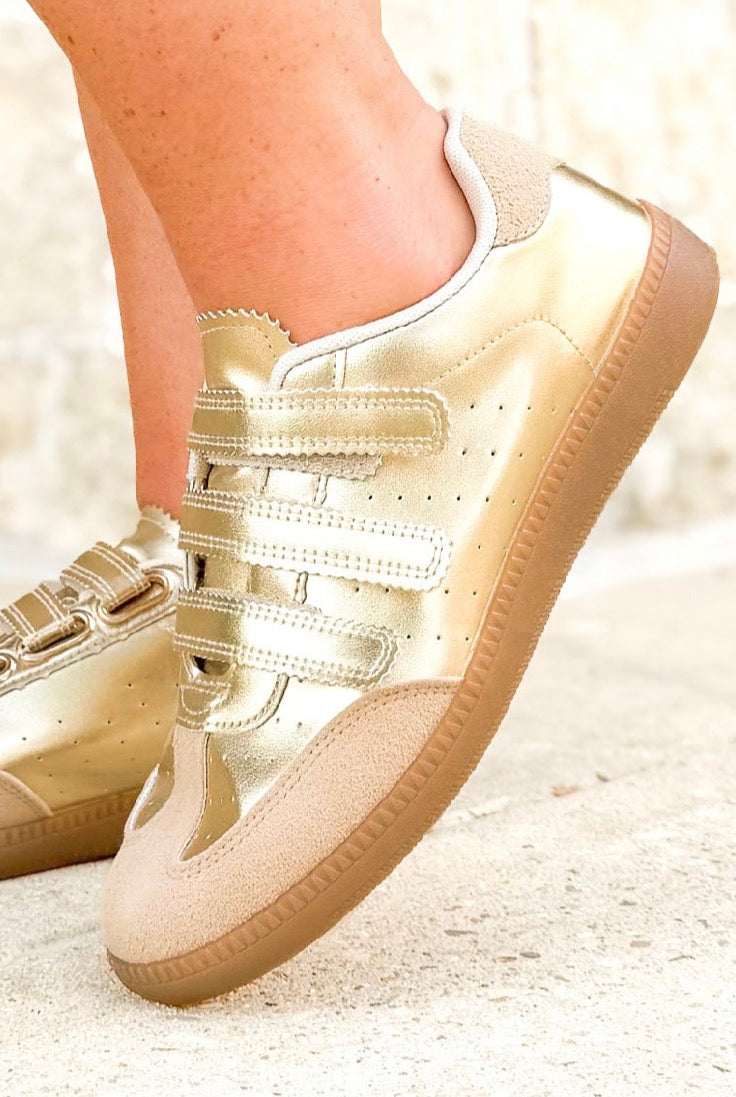 Cross Your Mind Metallic Velcro Sneakers in Gold - close-up