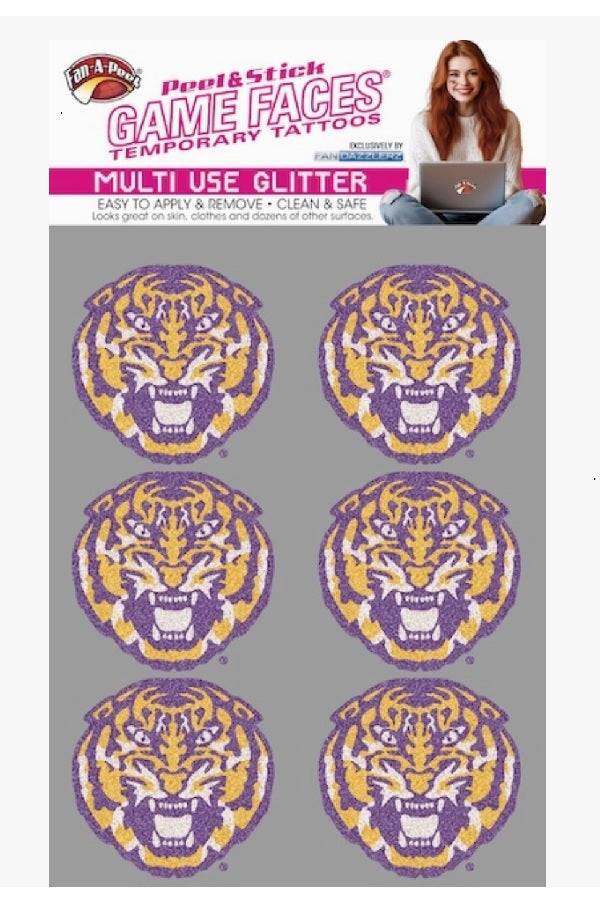 Gamefaces Tiger Glitter Tattoos with purple and gold tiger faces