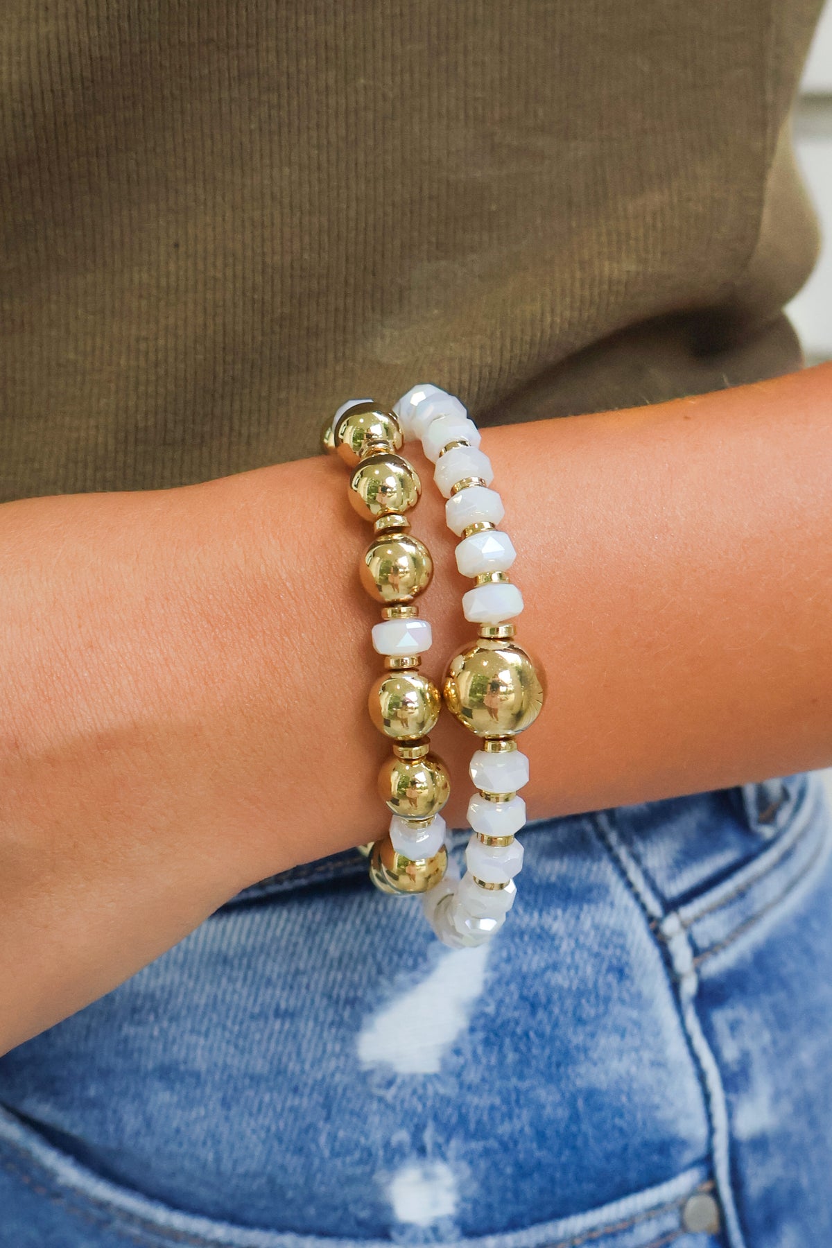 Set of two multi beaded stretch bracelets, view 3