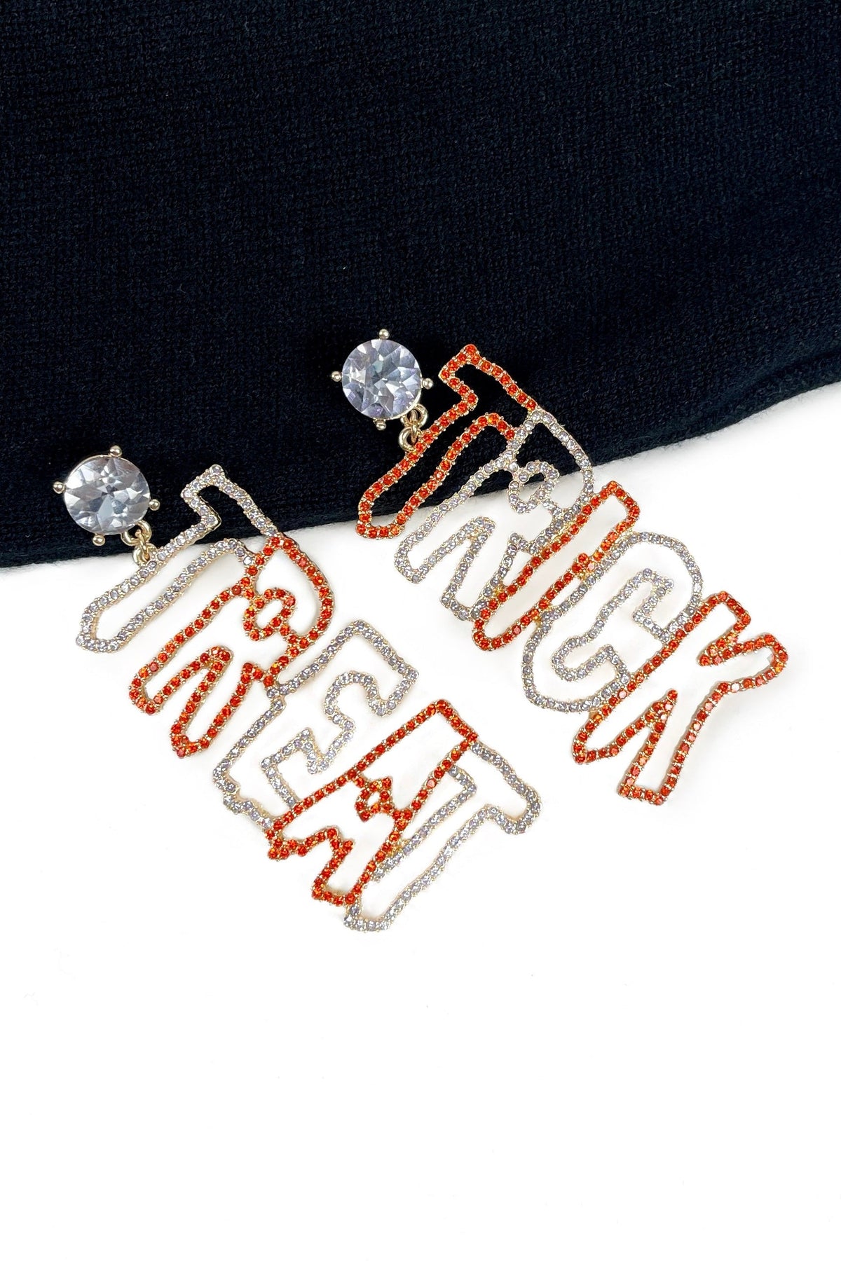 Trick and Treat Crystal Earrings in Orange and Purple - alternate view
