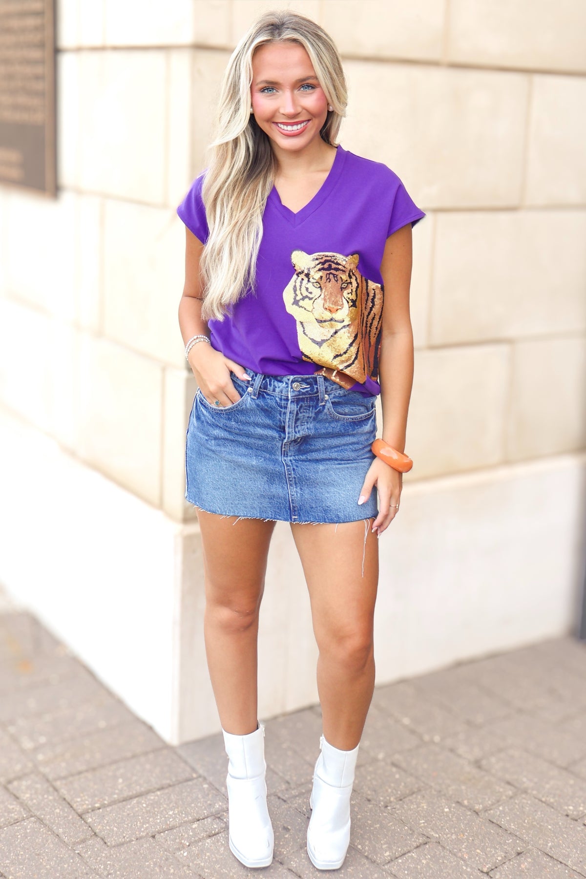 Time to Geaux Sequin Tiger Face Cuff Tee by Bomb Designs in Purple