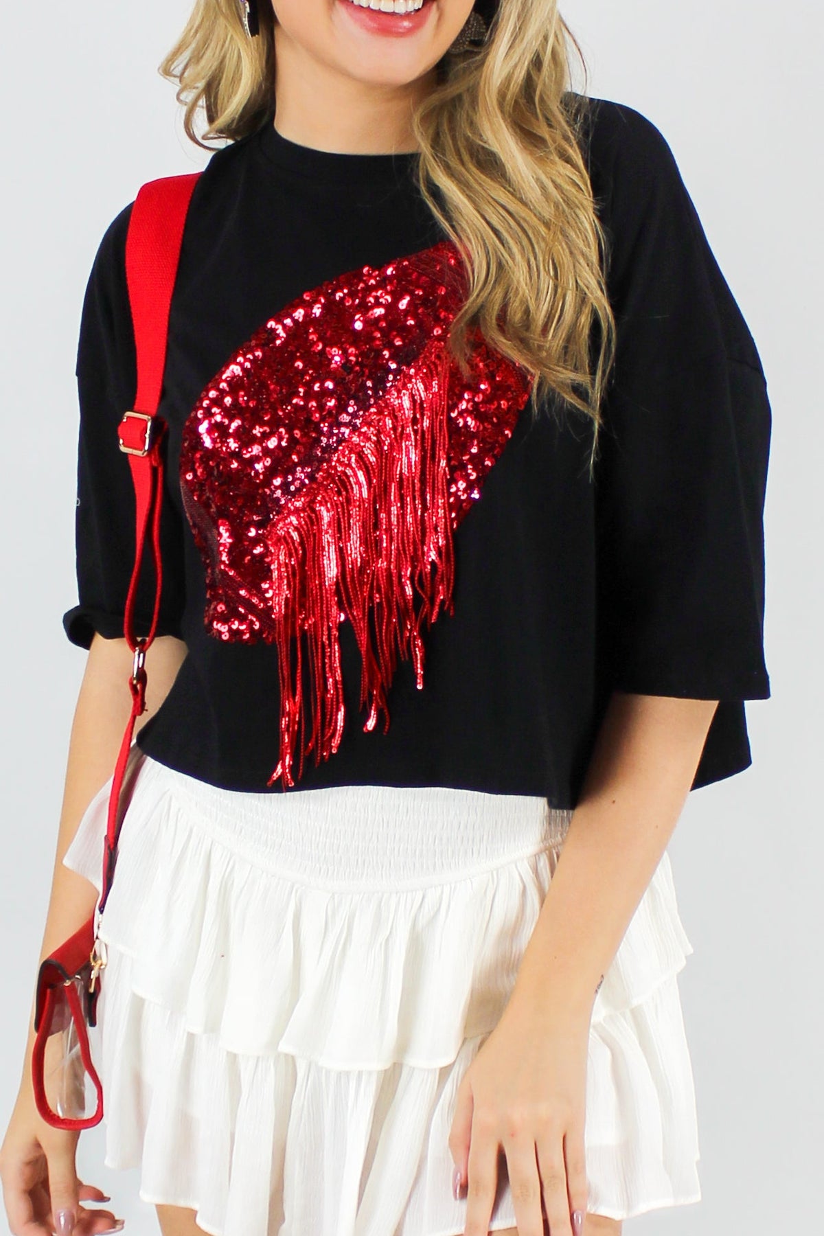 One For The Team Sequin Tee in Red/Black-TOP S/S PRINT