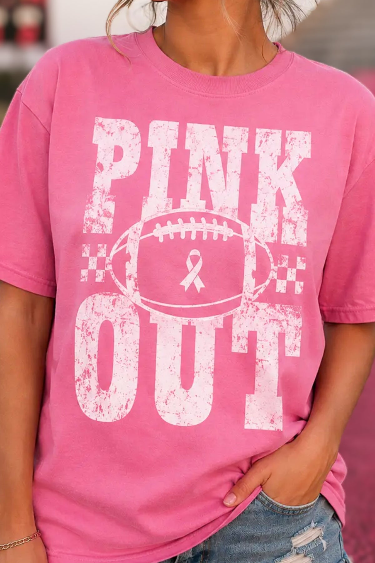 Pink Out Football Oversized Tee in Pink with pink ribbon football graphic