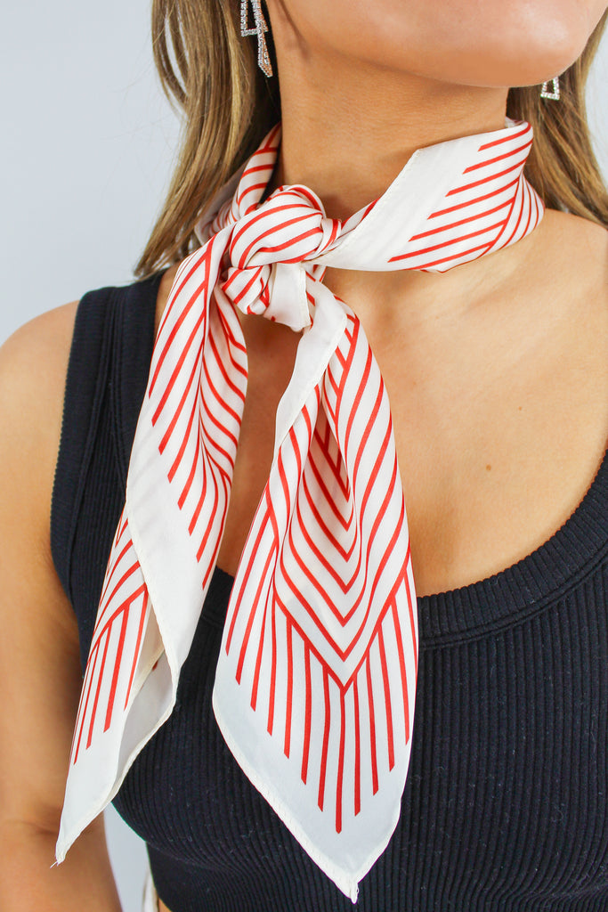red and white patterned silk scarf w