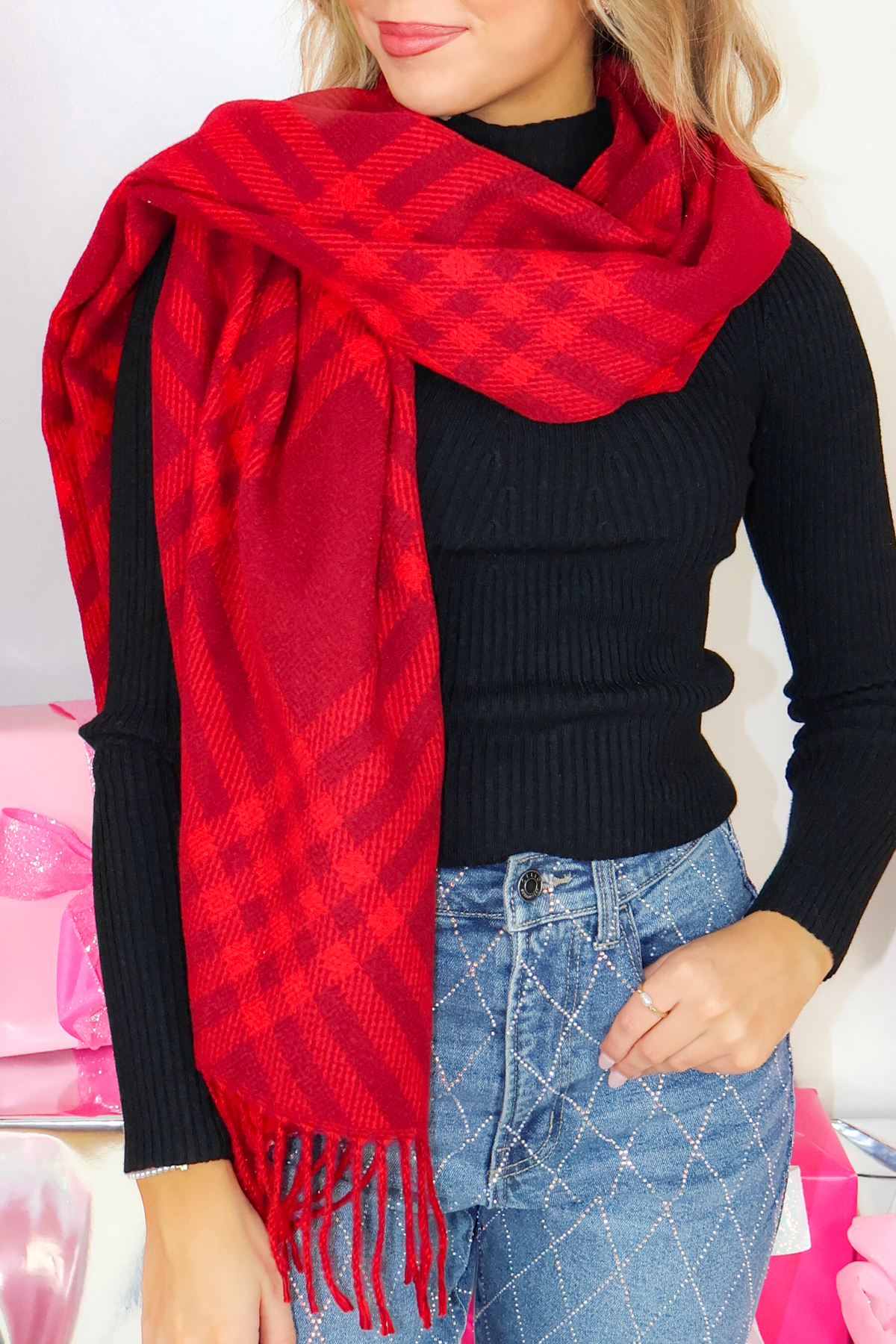 Come Back Around Monotone Plaid Blanket Scarf-ACC SCARF FALL