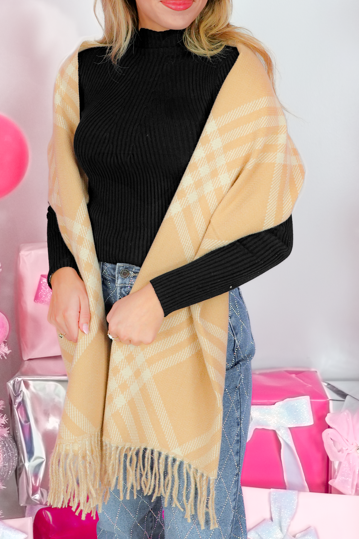 Come Back Around Monotone Plaid Blanket Scarf-ACC SCARF FALL