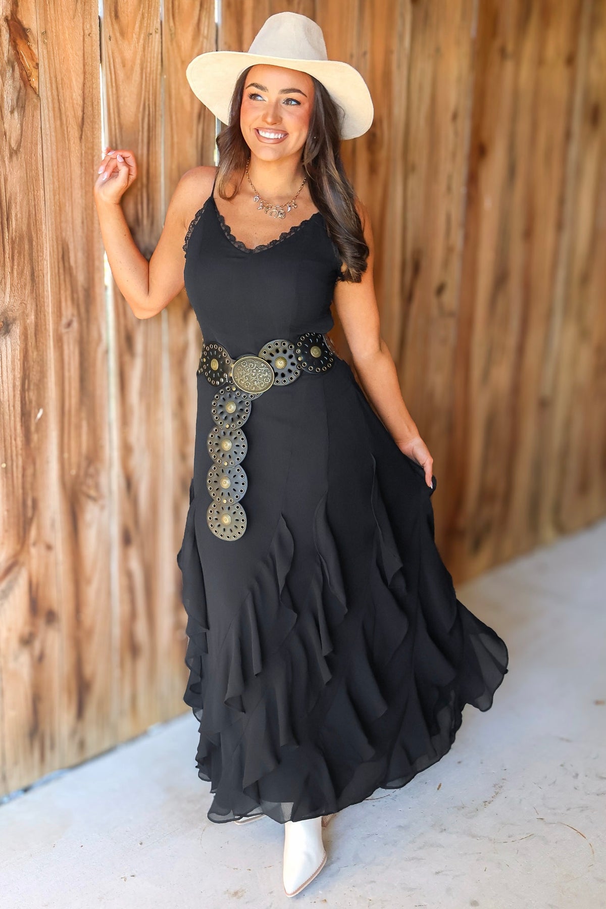 The Right Path Lace Ruffle Detail Maxi Dress in Black