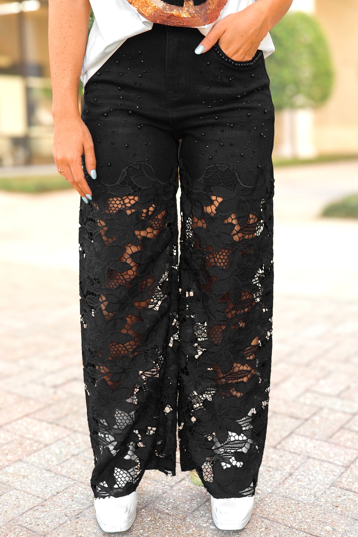 Strut Your Stuff Pearl Trim Lace Jeans in Black