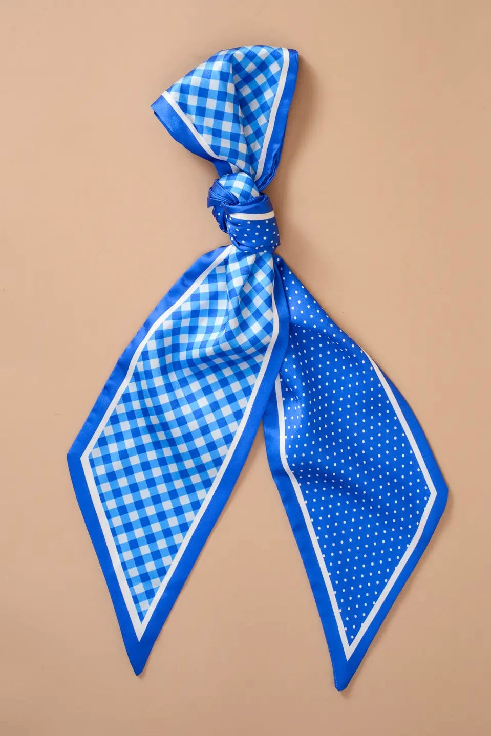 Blue and white gingham polka dot twilly scarf, laid flat