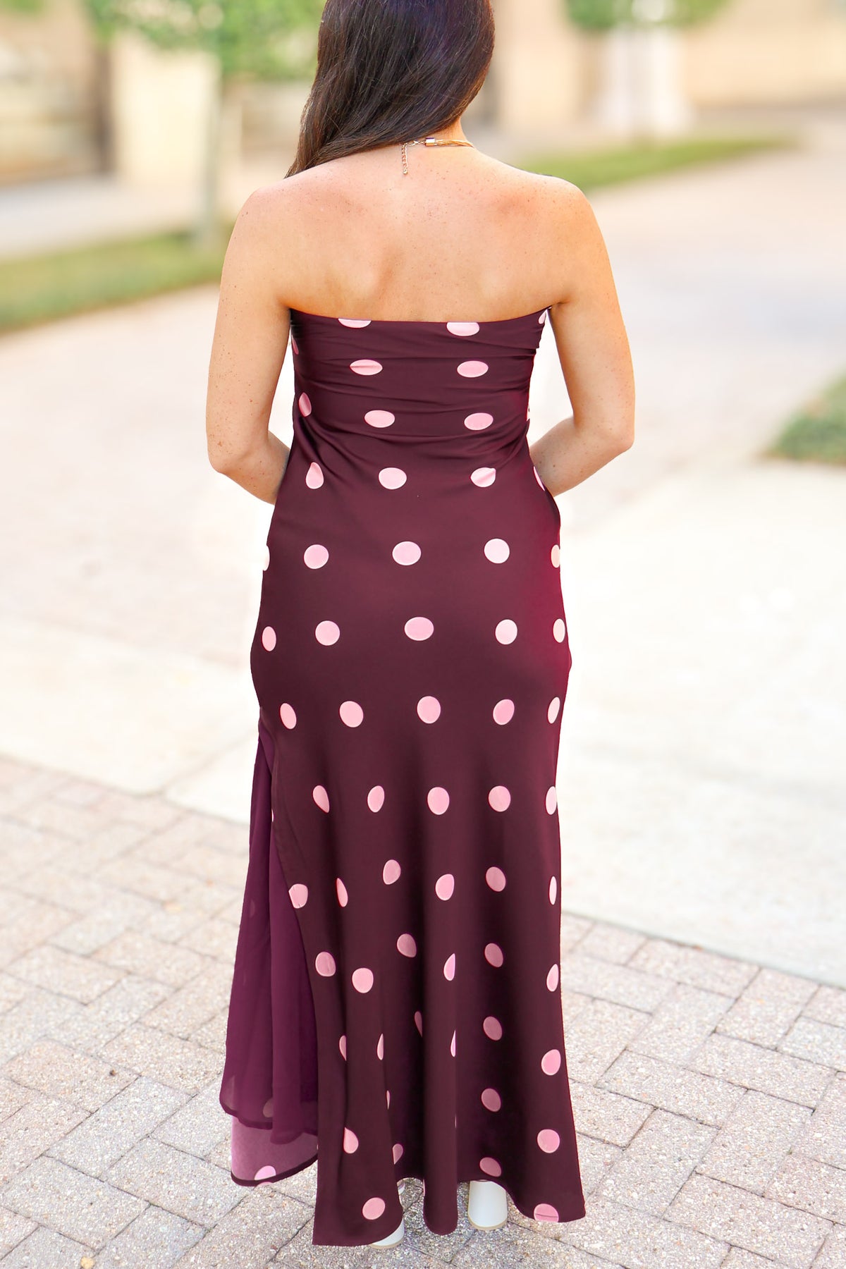 Wine polka dot strapless maxi dress, back view