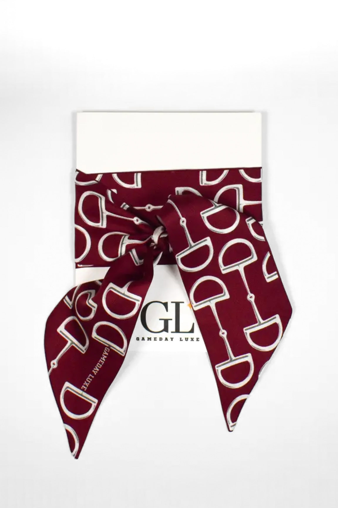 Burgundy and white horsebit stripe silk twilly scarf by Gameday Luxe