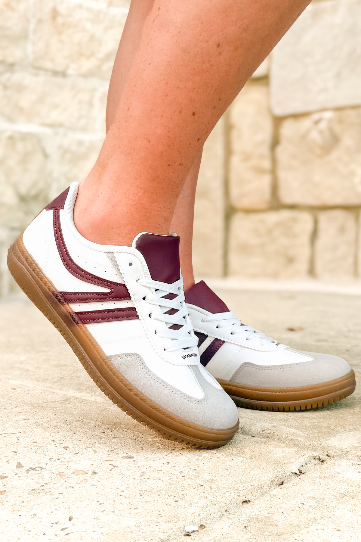 My Comfort Zone Stripe Detail Pleather Sneakers in Burgundy