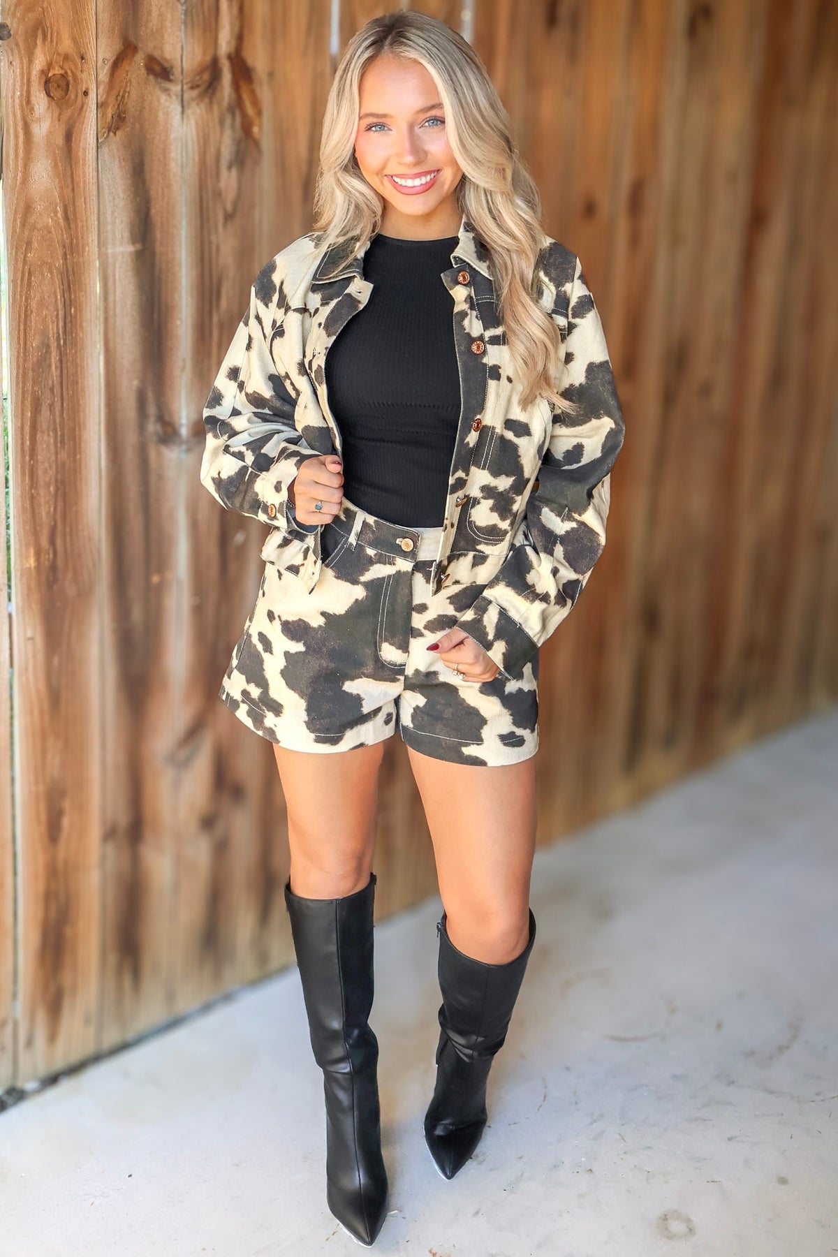 Cow Print Cropped Denim Jacket