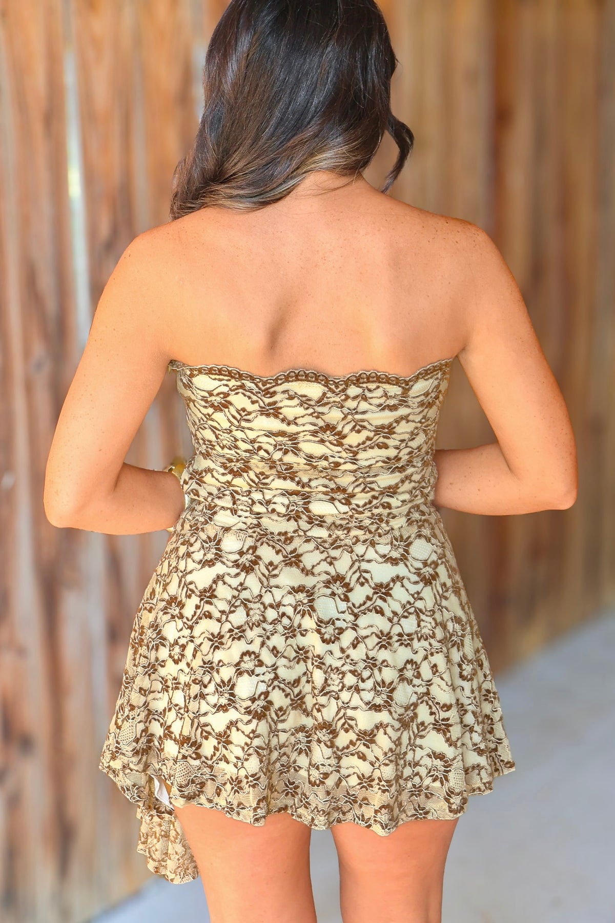 Here You Are Lace Asymmetrical Mini Dress in Natural - back view