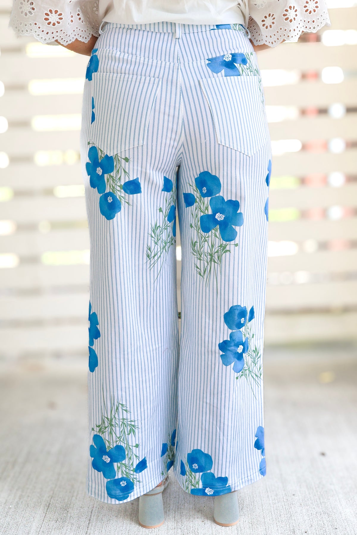 Charleston Getaway Pinstripe Flare Pants in Light Blue-PANT LONG OTHER