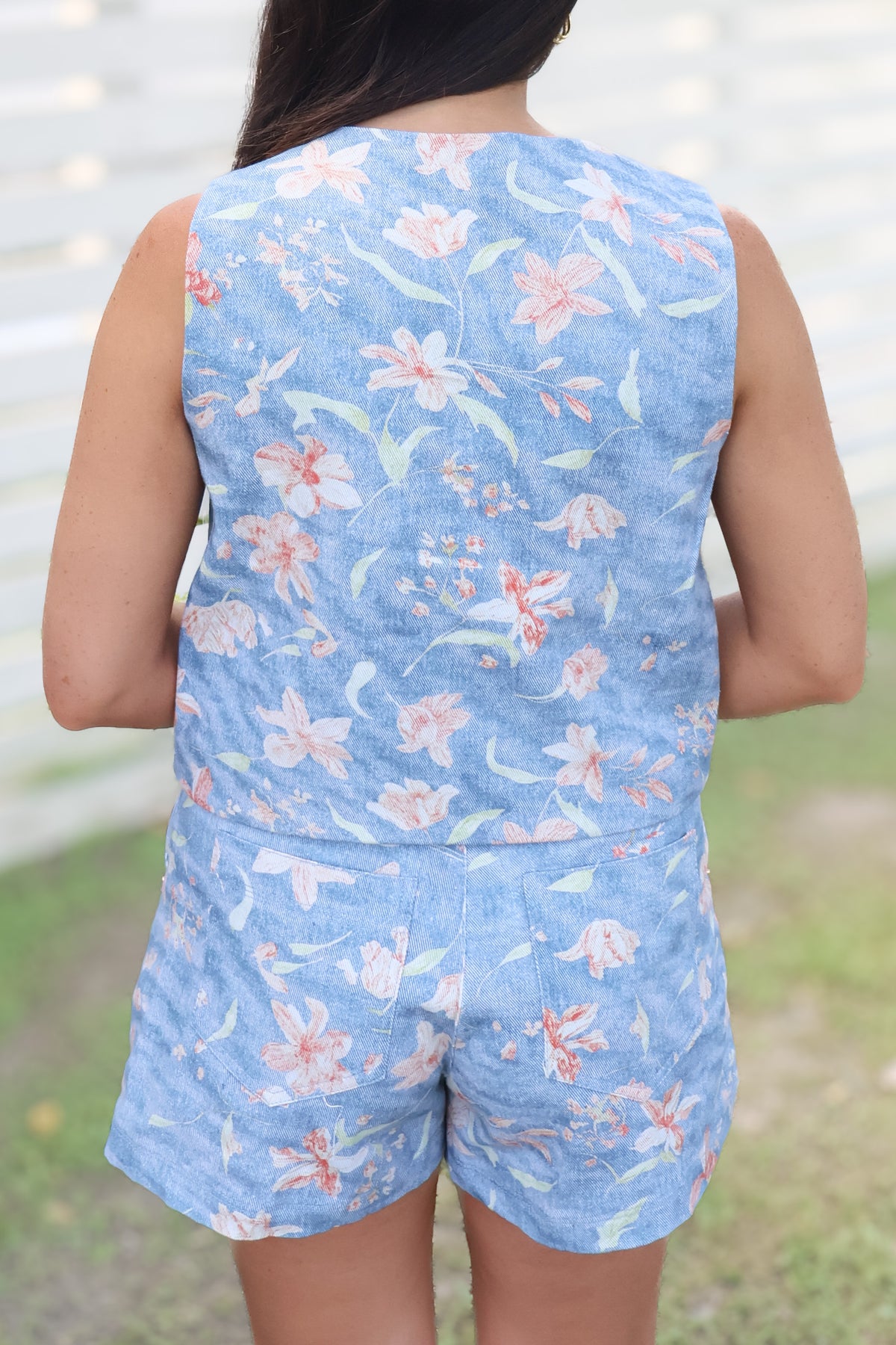 Above All Else Floral Denim Button Down Vest-TOP VEST