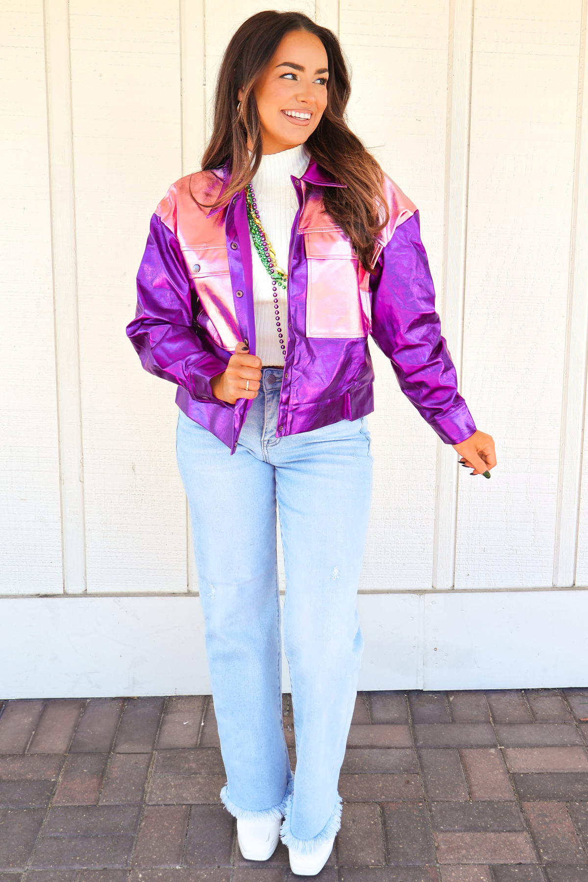 Throw Me Something Metallic Front Pocket Jacket in Purple-TOP WINTER JACKET